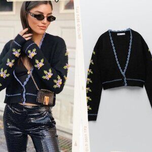 Zara Black Cardigan with Blue Accents. Detail Floral Sleeves Size S EUC